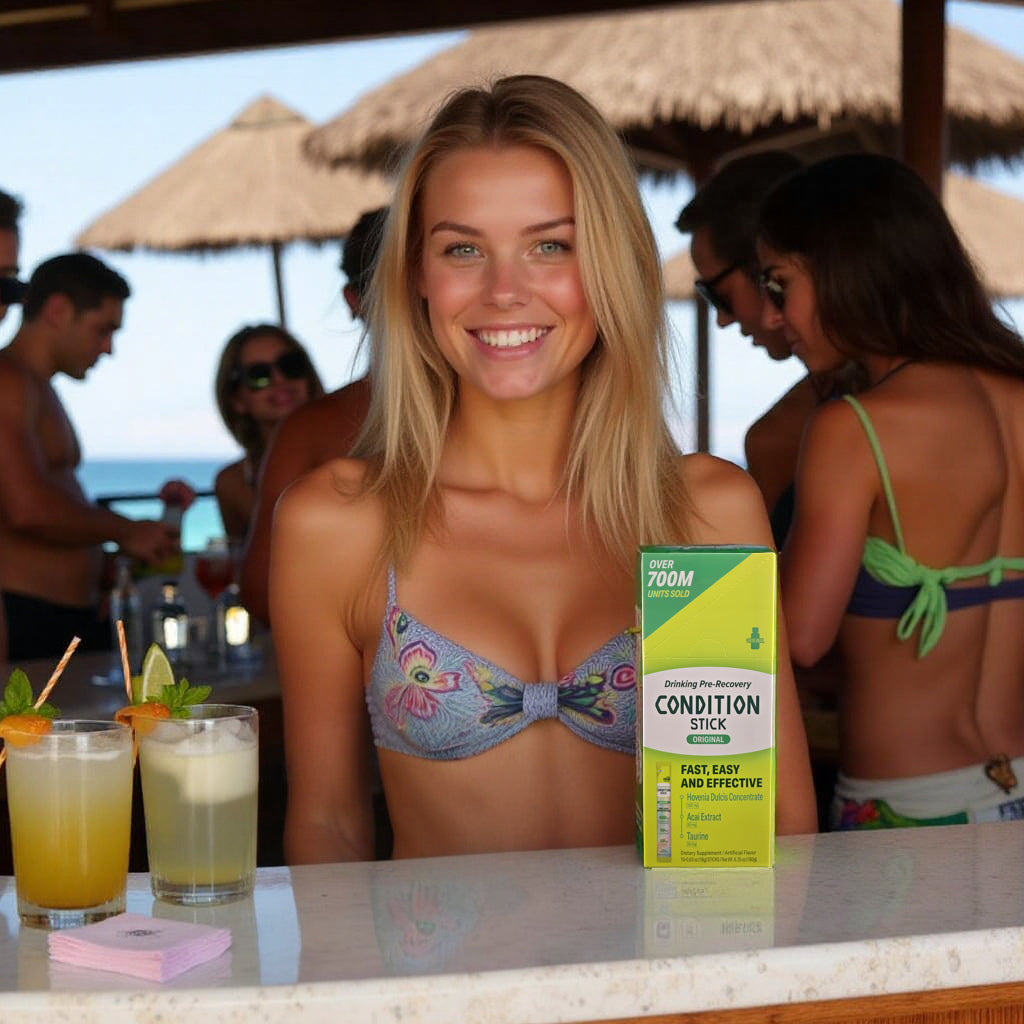 Woman at a beach bar with a box of 'Condition Stick' and drinks.