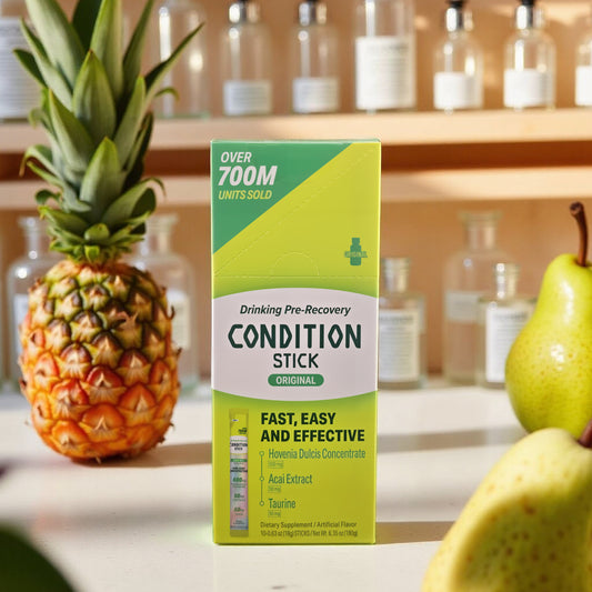 Condition Stick packaging with a pineapple and pear on a shelf background