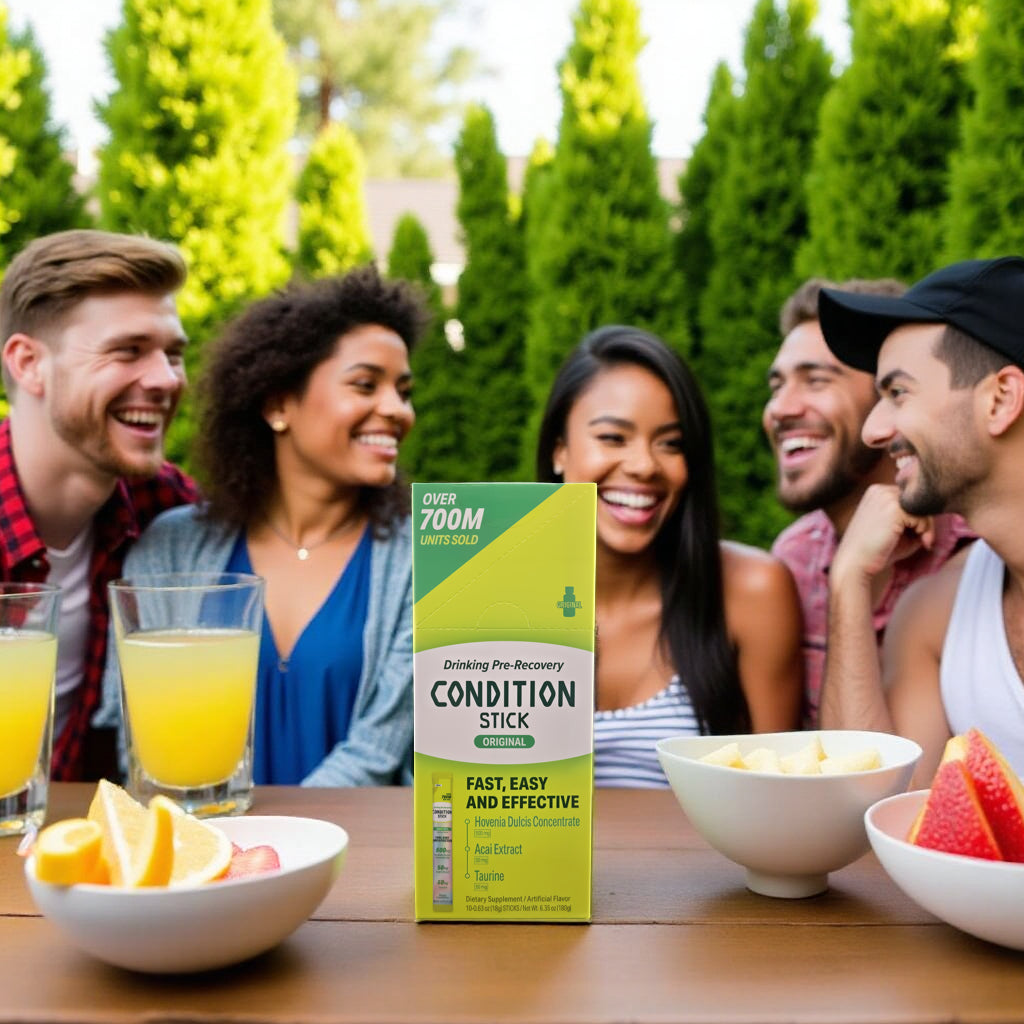 Group of people enjoying a healthy outdoor gathering with a Condition Stick product in the foreground.